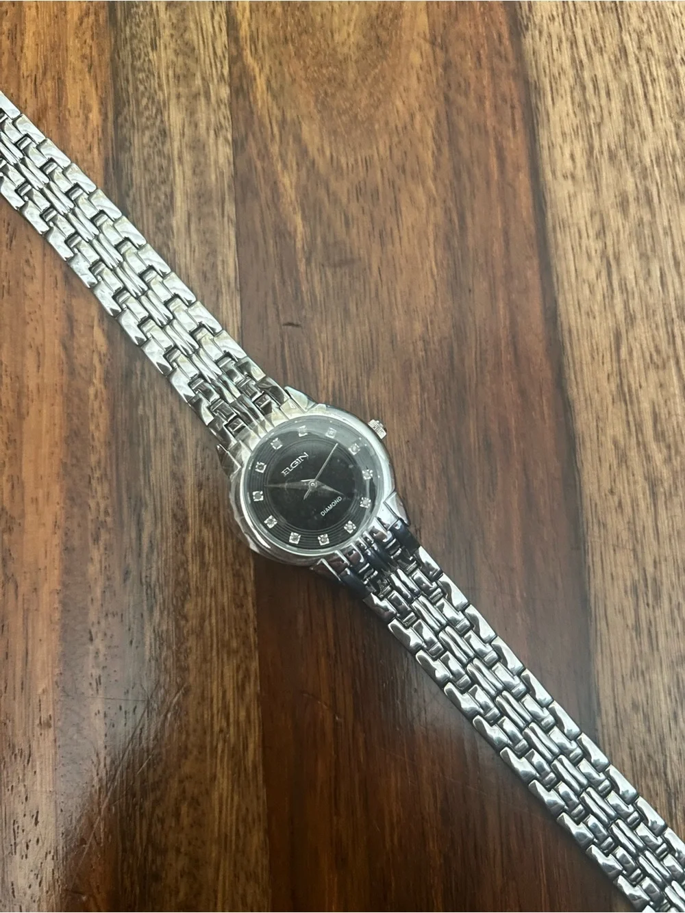 Elgin Women's Silver Bracelet Watch with Black Dial and Diamond Markers